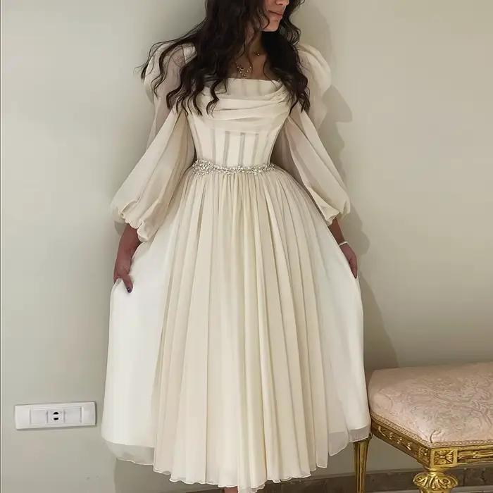 Sharon Said dubaï Beige robe de soirée courte avec ceinture manches longues thé longueur femmes robes