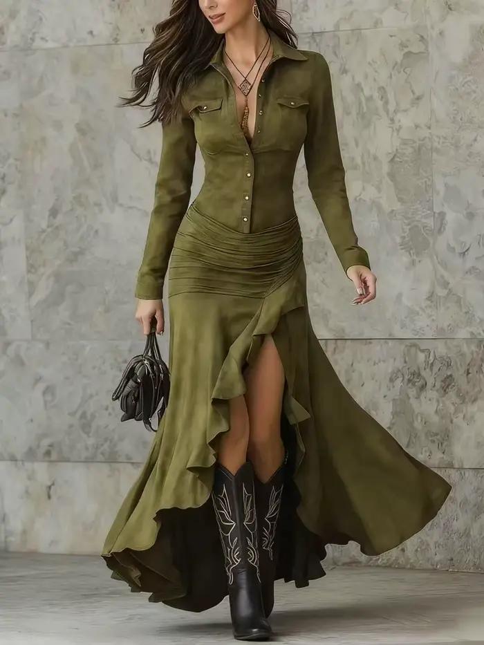 Robe longue rétro élégante de couleur unie pour femmes