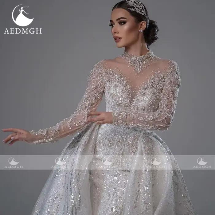 Aedmgh sirène robes De mariée Sexy col haut robe De Novia dentelle broderie détachable Train Vintage sur mesure