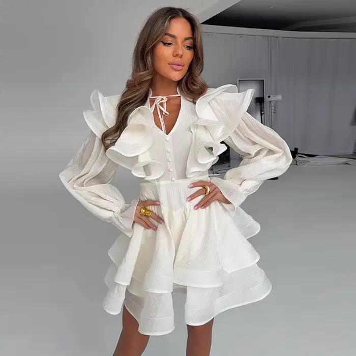 Robe Courte Femme à Volants Col V avec Nœud à la Taille Manches Bouffantes Ourlet Superposé