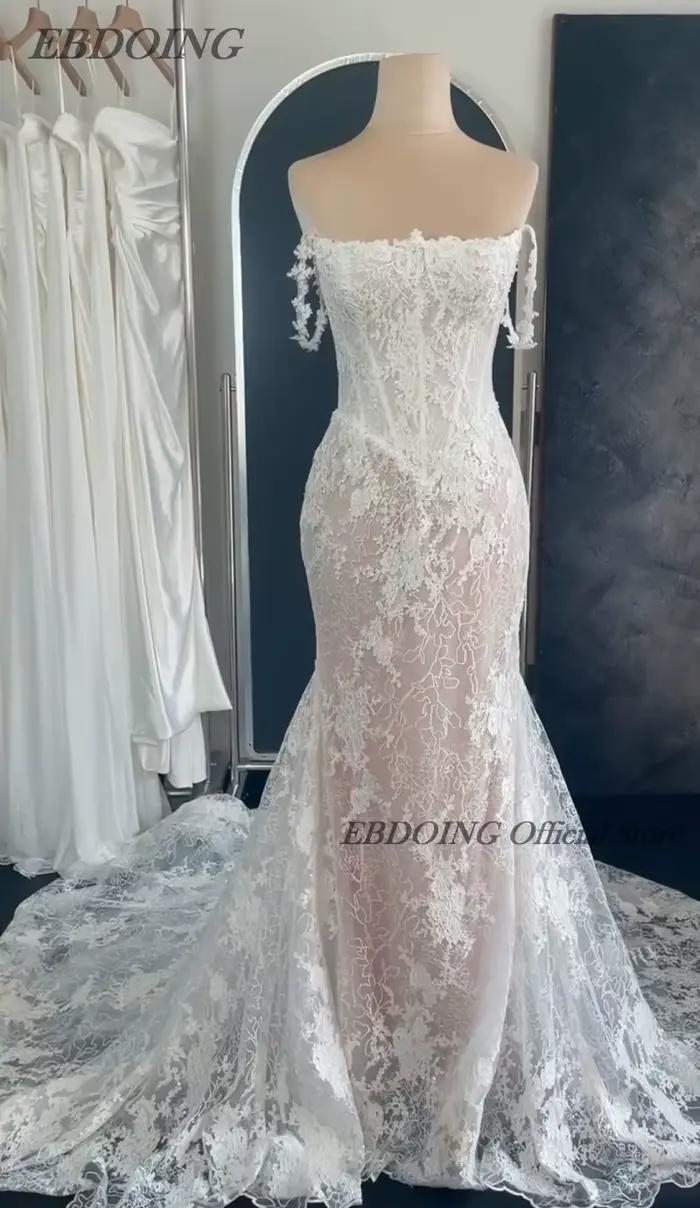 EBDOING robe de mariée sirène dentelle col bateau décolleté classique Basque avec perles