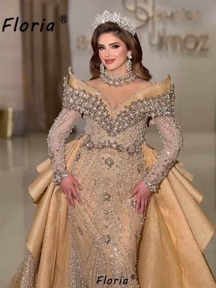 Robe de mariée sirène personnalisée en or de Dubaï avec traîne détachable et perles de cristal