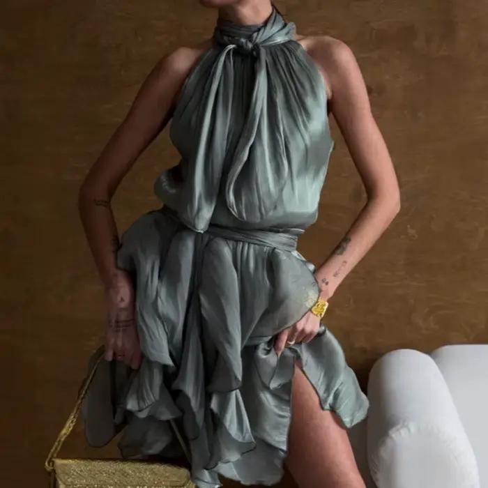 Robe mini plissée à volants cascade sexy pour femme
