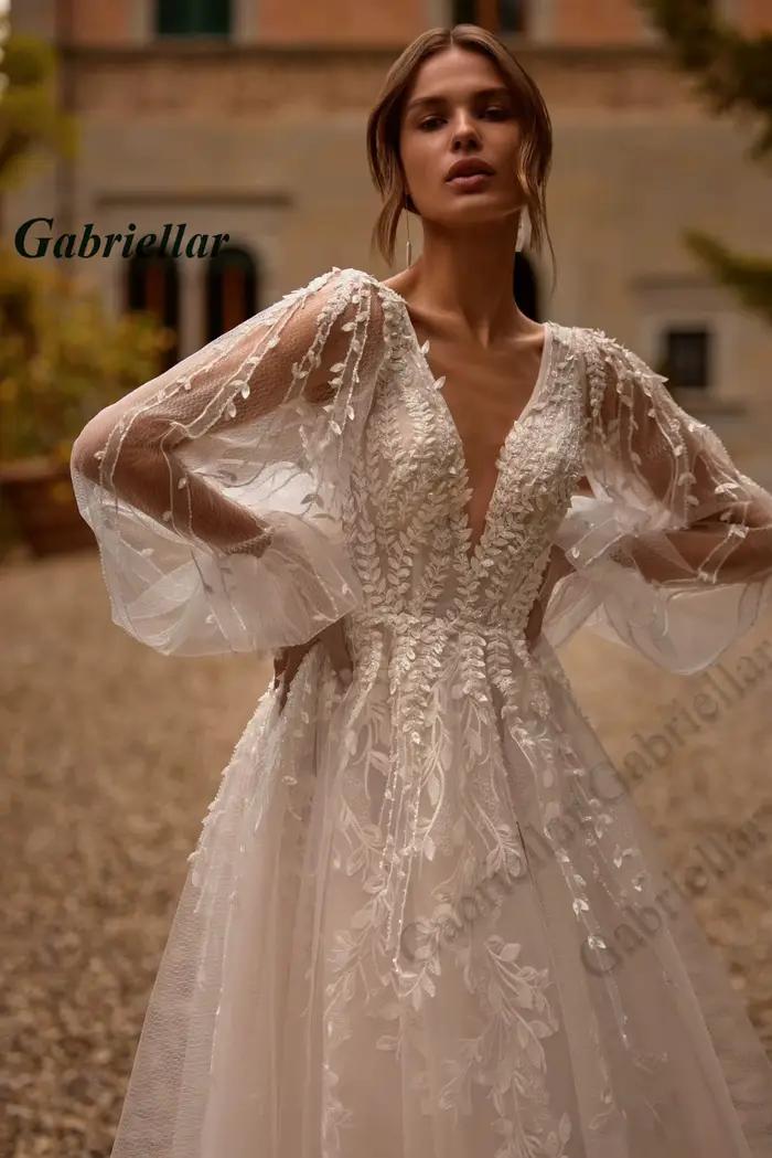 Gabriellar robes de mariée élégantes a-ligne col en V Appliques manches bouffantes robe