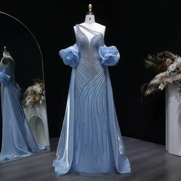 Robe de soirée Sharon Said Dubai rouge à une épaule avec manches bouffantes et perles شارون سعيد