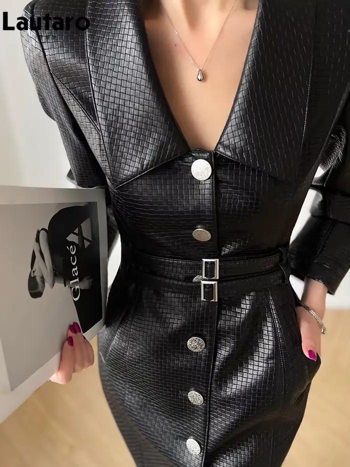 Lautaro-Robe cintrée en cuir PU vichy noir pour femme