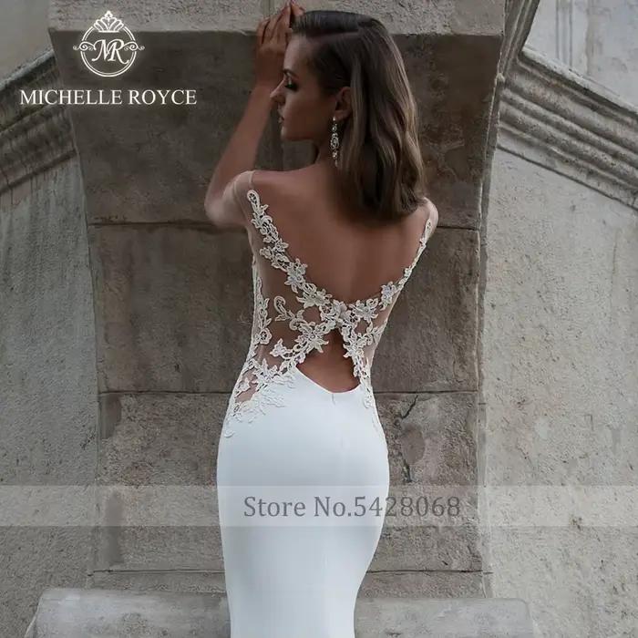 Michelle Royce sirène robes De mariée élégant Scoop découpé Appliques gracieux bouton Court Train