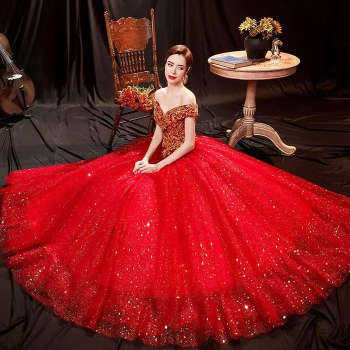 Robe de bal rouge mariée mariage Toast Solo scène Performance