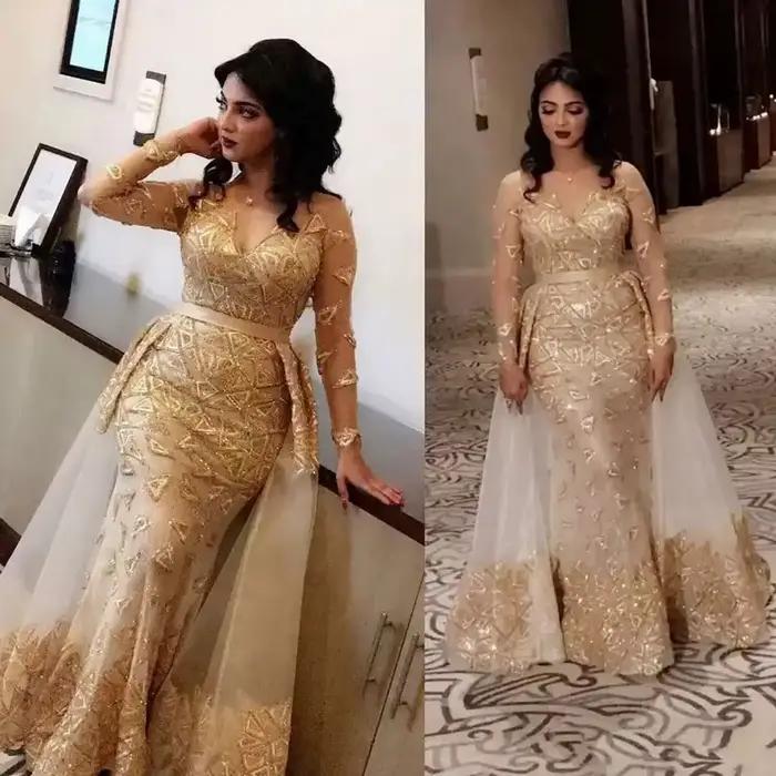 Robe de Soirée de Luxe en Dentelle Dorée pour Femme