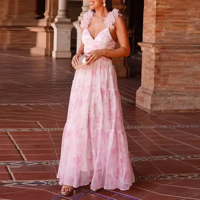Robe longue plissée à bretelles pour femme