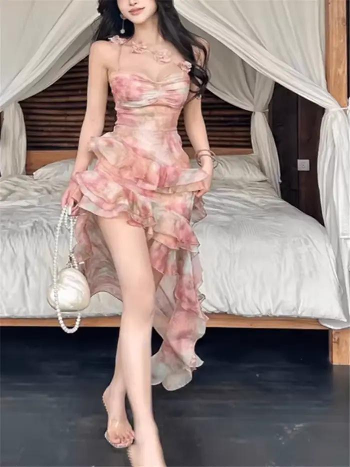 Nouvelle Robe Mini en Chiffon à Volants Irréguliers Imprimé Floral Style Vacances