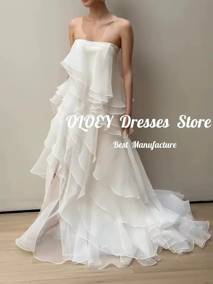 OLOEY Nouvelle Arrivée Robe de Mariée en Organza à Volants Coupe A-Line pour Mariage à la Plage