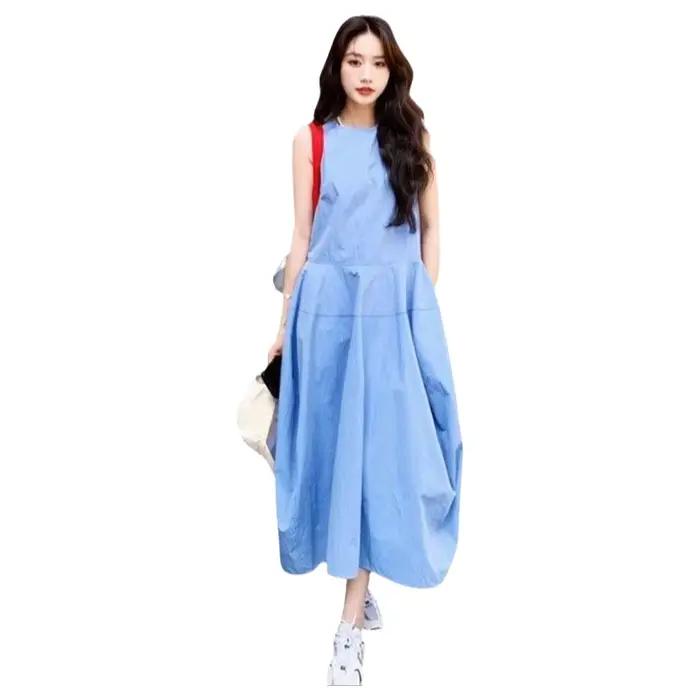 Robe longue bleue style vacances à la française pour femme