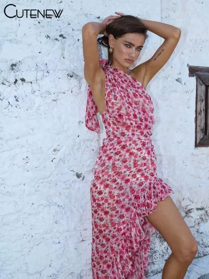 Cutenew-Robe Mi-Longue à Imprimé Floral pour Femme