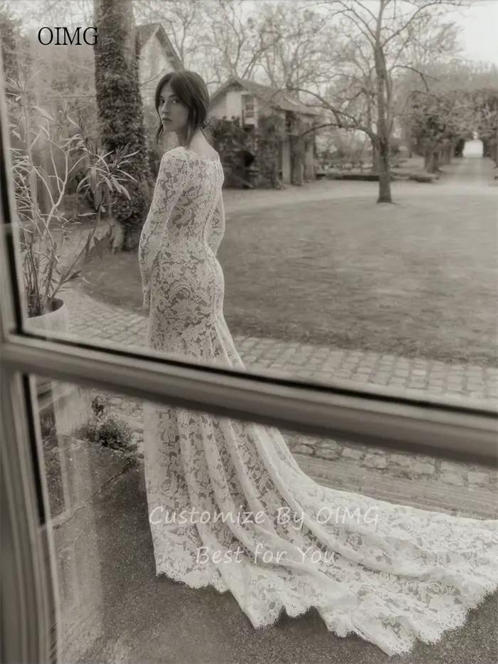 OIMG Robe de mariée sirène élégante en dentelle à manches longues
