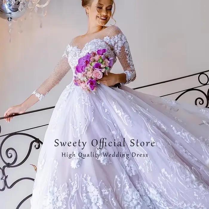 Robe de Mariée de Luxe en Dentelle avec Manches sulfet Col Rond