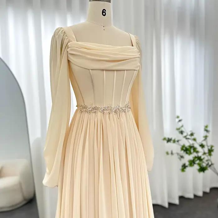 Sharon Said dubaï Beige robe de soirée courte avec ceinture manches longues thé longueur femmes robes
