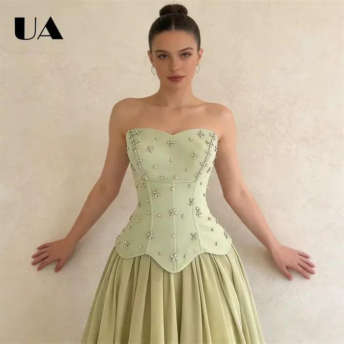Robe de bal sans bretelles en satin vert sauge pour femmes corsage corset orné cape détachable soirée mousseline de soie occasions spéciales