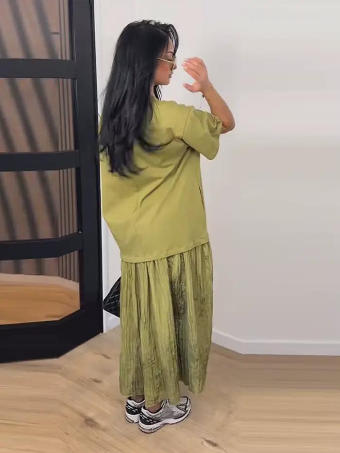 Robe longue oversize à manches courtes et patchwork pour femme