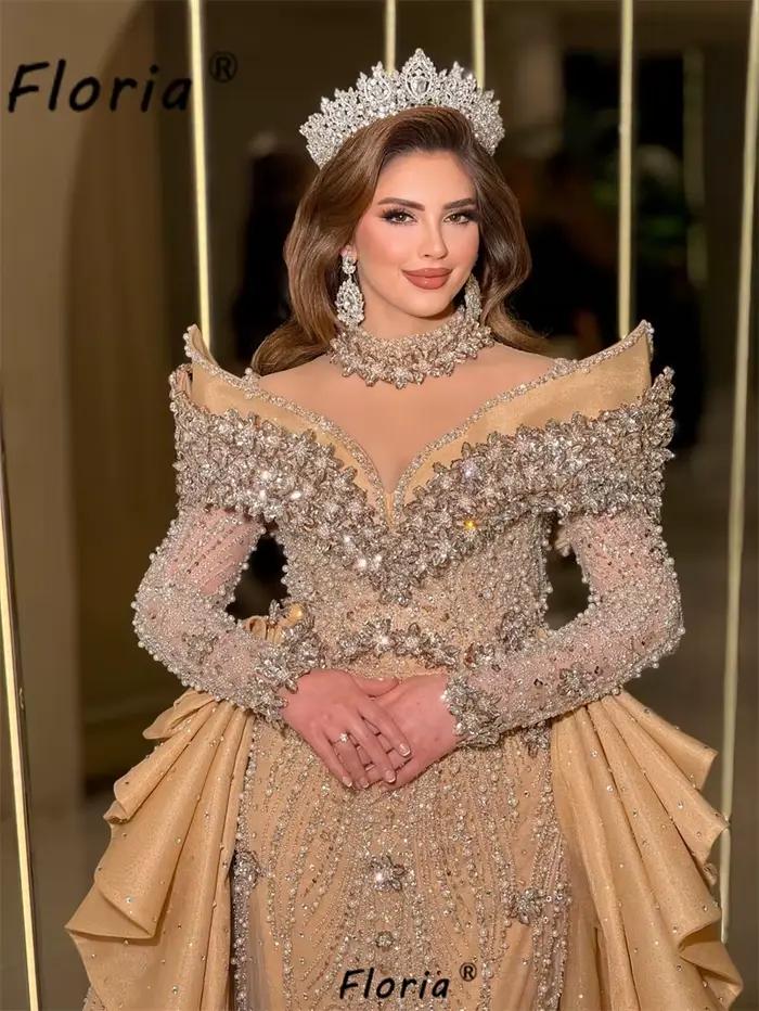 Robe de mariée sirène personnalisée en or de Dubaï avec traîne détachable et perles de cristal