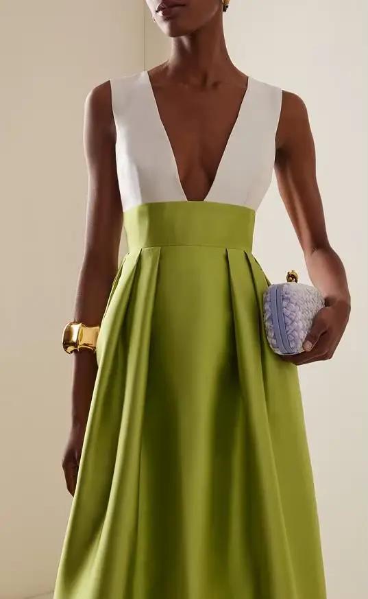 Robes pour femmes 2025 printemps été nouvelle couleur unie tempérament élégant Sexy col en v profond sans manches