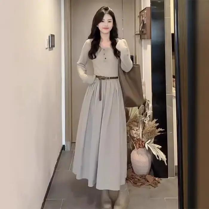 Robe longue maxi à manches longues en kaki clair pour femmes