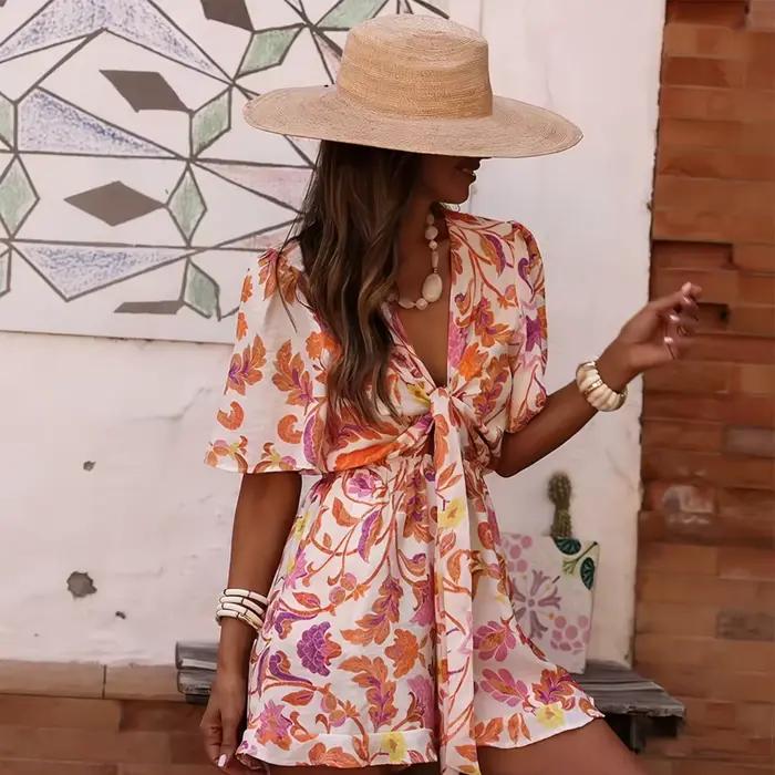 Robe Femme Style Européen & Américain Printemps/Été 2026 – Col en V avec Nœud à la Taille