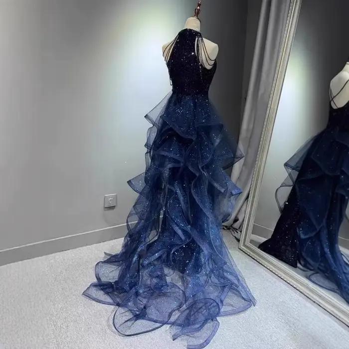 Robes de soirée élégantes bleu marine étincelles robe