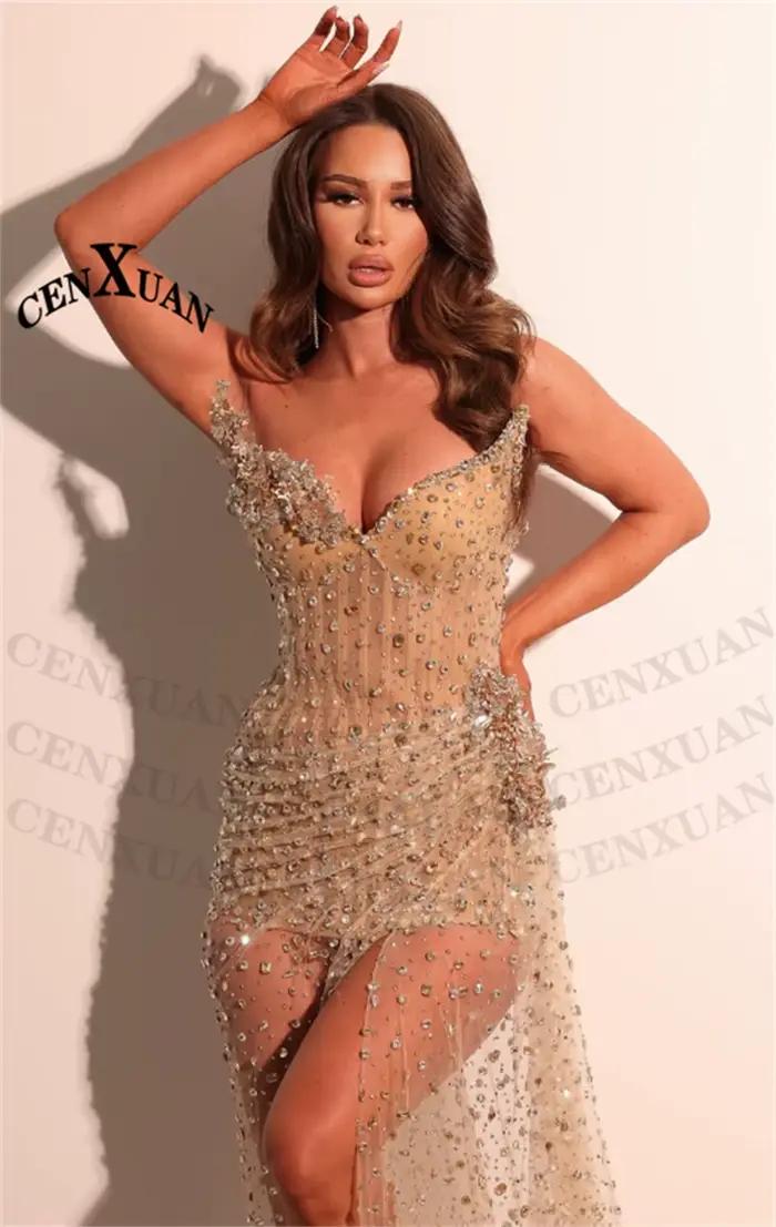 Robe de soirée sirène personnalisée avec strass et fente haute pour femmes occasions spéciales comme mariages et cérémonies de gala