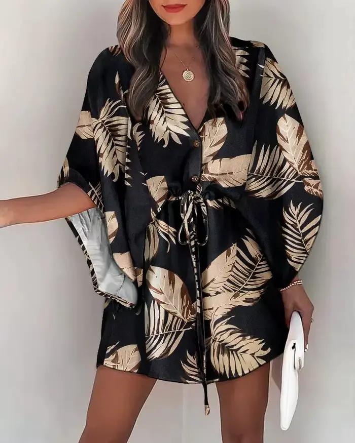 Robe Boho Florale Polyester Femme Été Occasions Spéciales Manches Chauve-Souris Col En V Volants