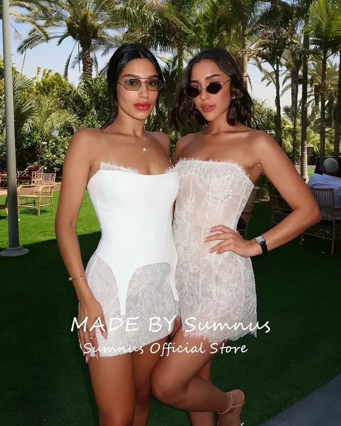 Sumnus Sexy bretelles dentelle robes De mariée plissé sans manches sirène courte robe De soirée De mariage Corest dos