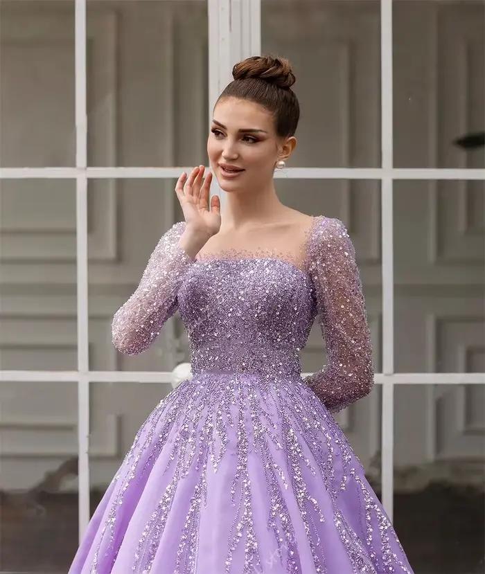 Robe de Mariée Luxueuse Violet Clair à Manches sulf