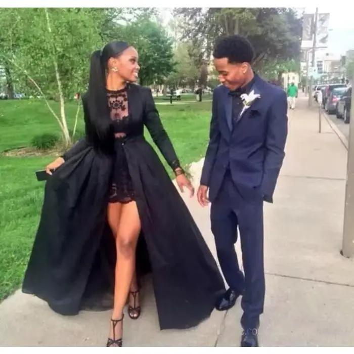 Robes de bal noires chaudes deux pièces robe courte en dentelle à col bijou avec veste en taffetas à manches longues