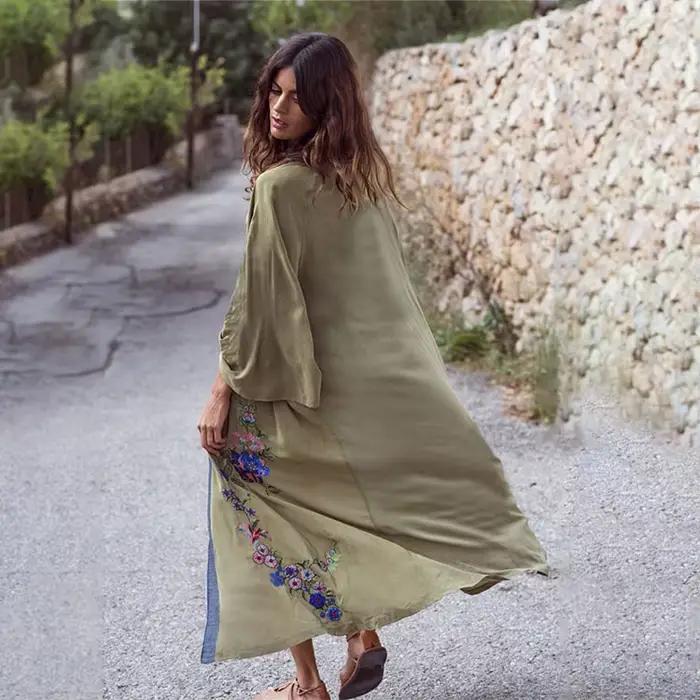 Robes Boho Hippie Chic Vintage broderie florale Cardigan plage voyage 2019 Kimono paréo à manches longues Cape couverture Maxi robe