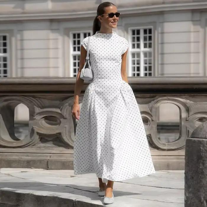 Talenza blanc à pois robe longue été Sexy taille haute Vintage imprimé