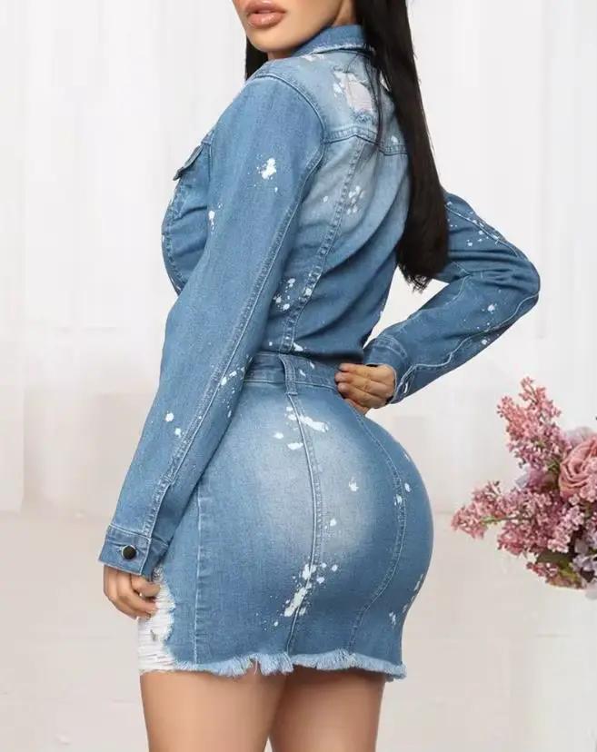 Robe en denim high street à manches longues et col rabattu avec ourlet déchiré et éclaboussures d'encre pour femmes, mini robe pour toutes les occasions spéciales
