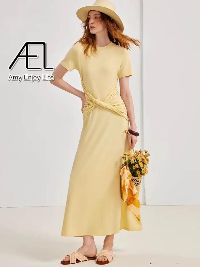 AEL tricoté robe longue femmes col rond couleur unie à manches courtes Robes de soirée printemps automne mince moulante