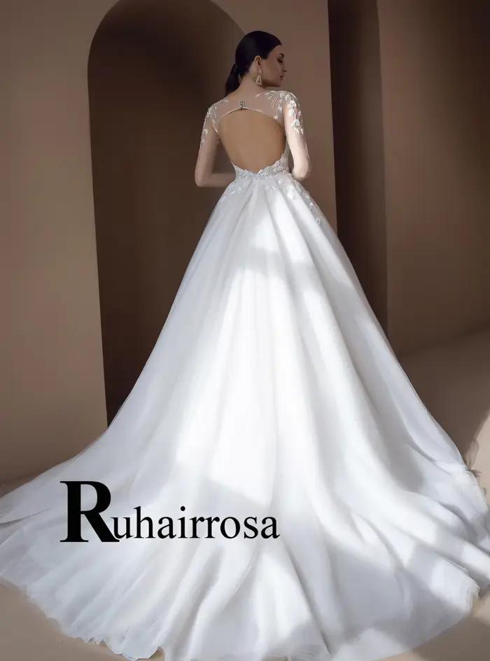Ruhair robes De mariée raffinées Appliques dos nu a-ligne col rond paillettes Court Train Robe De soirée De Mariage personnalisé