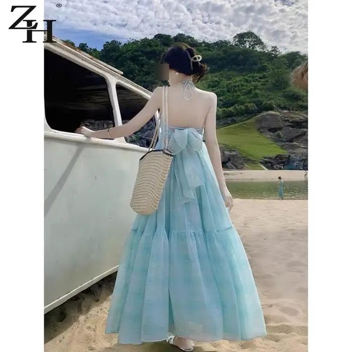 Robe de plage longue féerique à bretelles sans manches pour femmes, style arc, dos nu, avec nœud, polyester haute élasticité, pour vacances et pauses thé