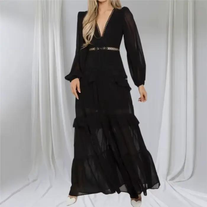 Mode élégance femmes longue robe Maxi 2025 dentelle profonde col en v manches longues couches bords à volants robes de