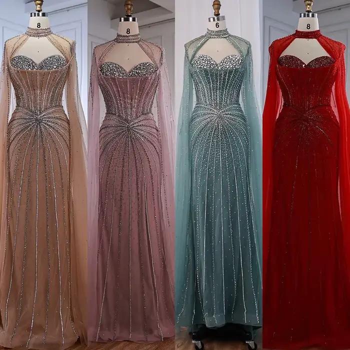Robe de soirée sirène nue de luxe perlée avec manches cape pour femmes occasions spéciales élégantes et formelles