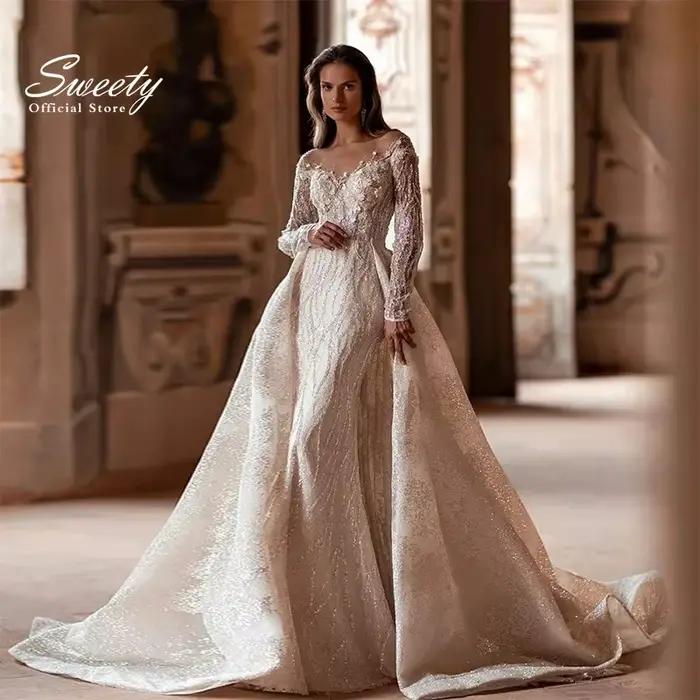 Robe de Mariée de Luxe en Dentelle avec Traîne Amovible