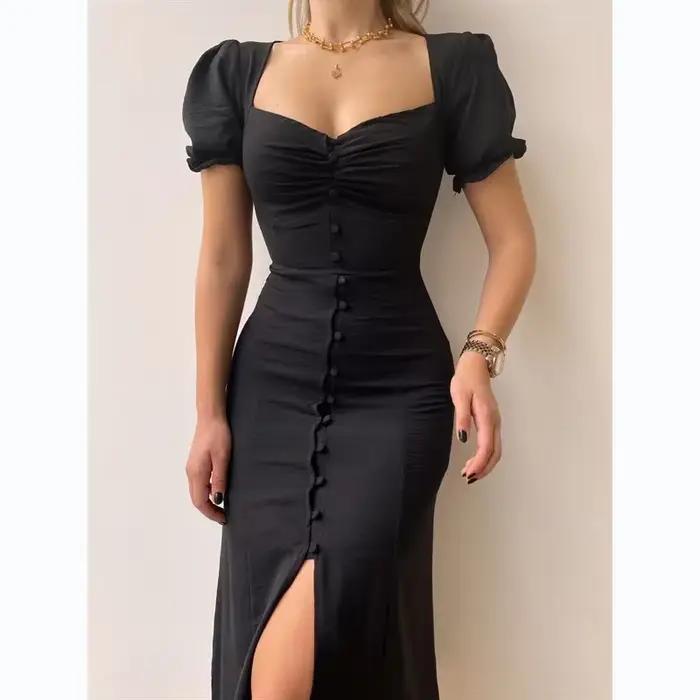 Robe mi-longue fendue à col en V pour femmes