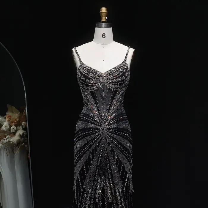 Robe de soirée Sharon Said Dubai Champagne à fines bretelles avec fente haute perlée شارون سعيد