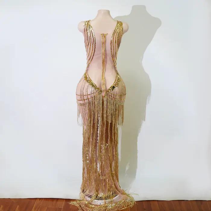 Robe longue de luxe dorée à franges et strass