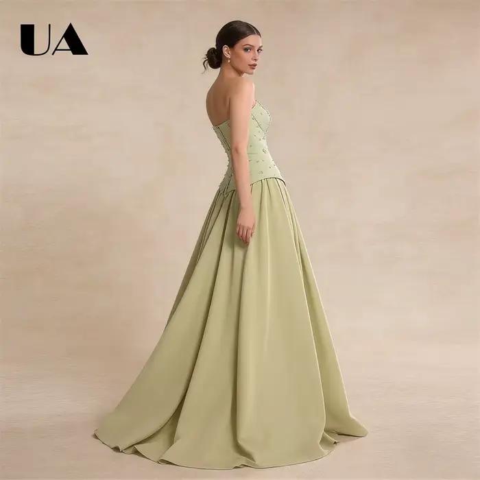 Robe de bal sans bretelles en satin vert sauge pour femmes corsage corset orné cape détachable soirée mousseline de soie occasions spéciales