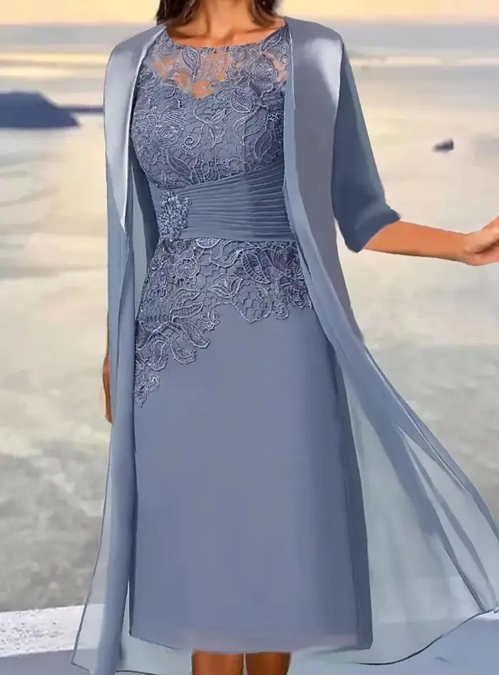 Robes mère de la mariée mi-longues bleu poussiéreux