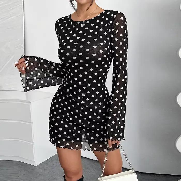 Robe noire Sexy imprimée à pois pour femmes