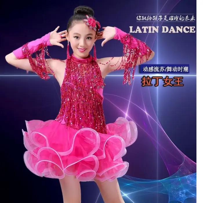 Robe de danse latine à franges et paillettes pour filles