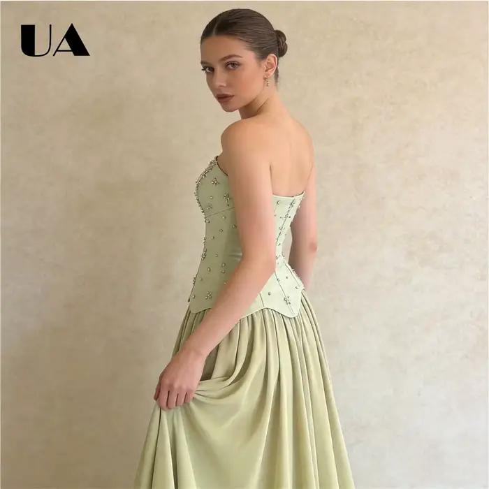 Robe de bal sans bretelles en satin vert sauge pour femmes corsage corset orné cape détachable soirée mousseline de soie occasions spéciales